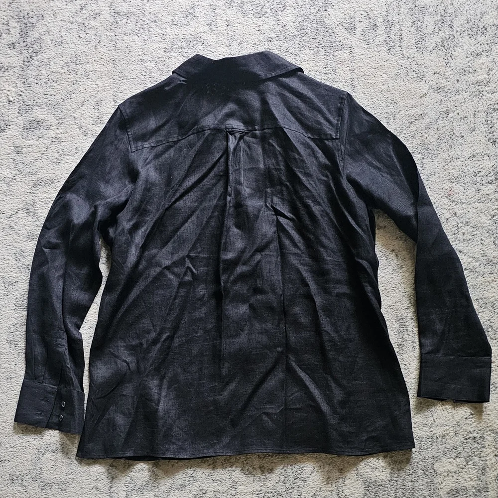Talbots Women's Top Blouse Size 14 Irish Linen Solid Black Button Up 3/4 Sleeves - Picture 2 of 5